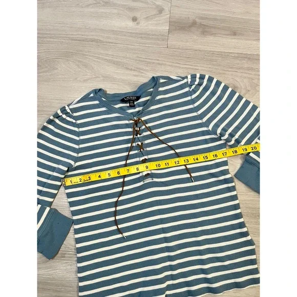 Lauren Ralph Lauren Women Top Striped Henley Long Sleeve Lace Up Blue White Sz L - Picture 6 of 14